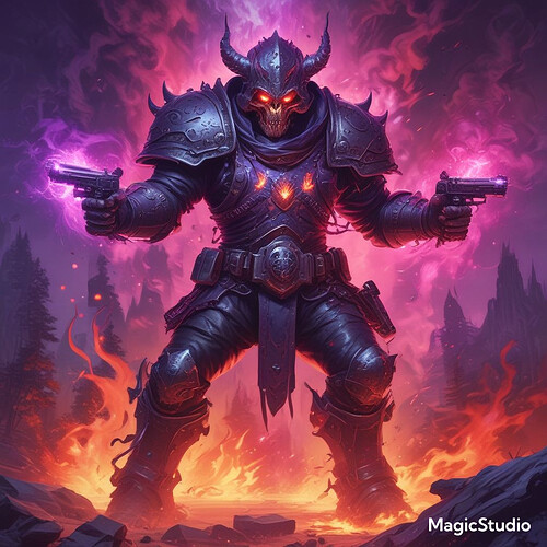 magicstudio-art - tiny grim dawn defiler holding a pistol in each hand, his armor is burning, surrounded by purple and pink flames and explosions, huge monsters around him