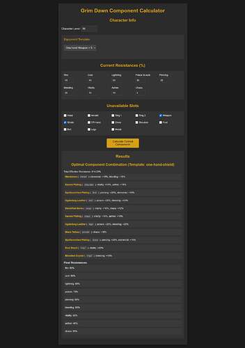 Grim Dawn Component Calculator