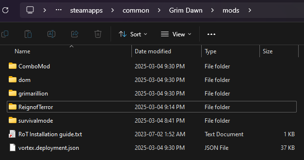 example of the Grim Dawn /mods/ folder location