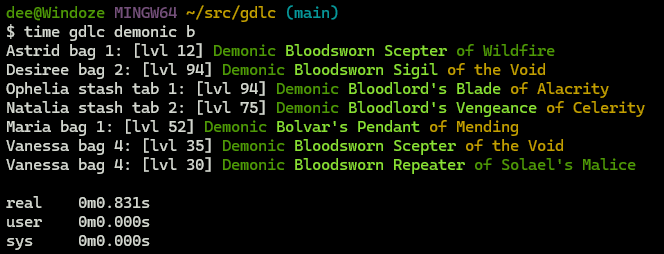 Screencap of evoking "time gdlc demonic b", listing multiple matching items and their affixes with colors